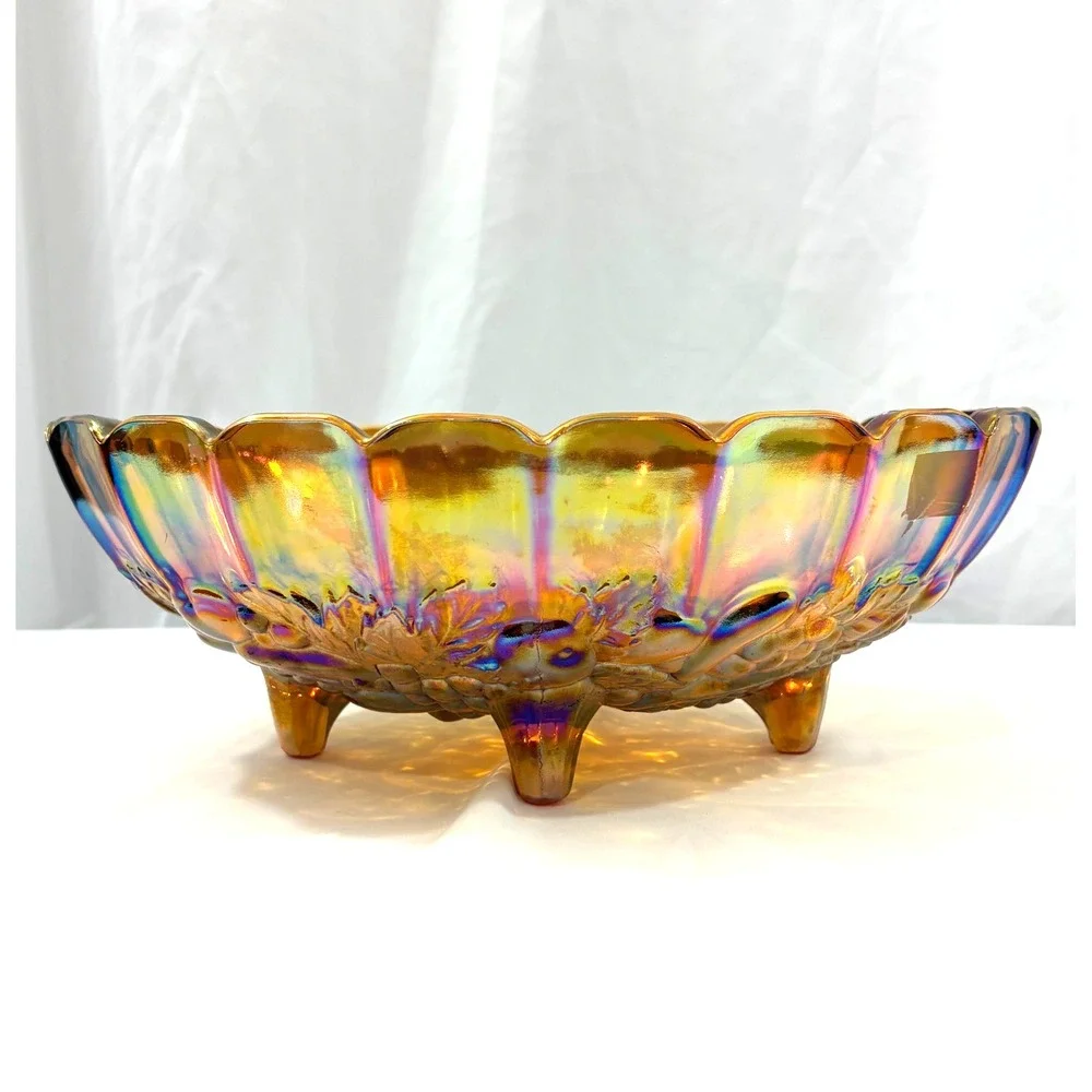 Vintage Amber Carnival Glass Footed Fruit Bowl– Iridescent Marigold Grape & Leaf